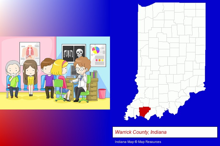 a clinic, showing a doctor and four patients; Warrick County, Indiana highlighted in red on a map