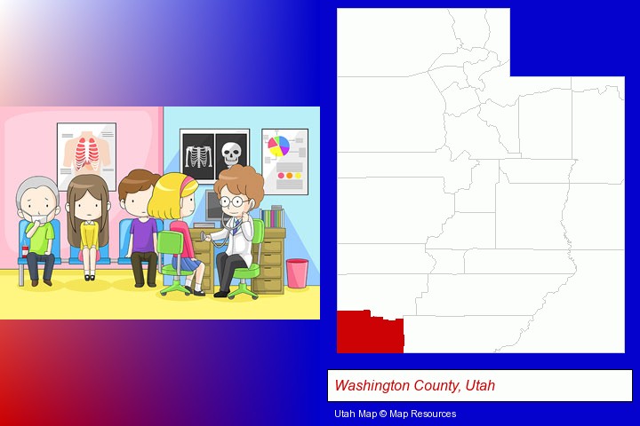 a clinic, showing a doctor and four patients; Washington County, Utah highlighted in red on a map