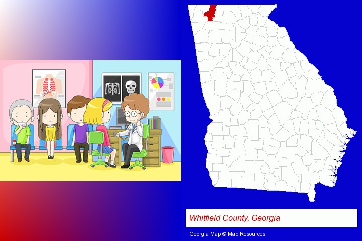 a clinic, showing a doctor and four patients; Whitfield County, Georgia highlighted in red on a map